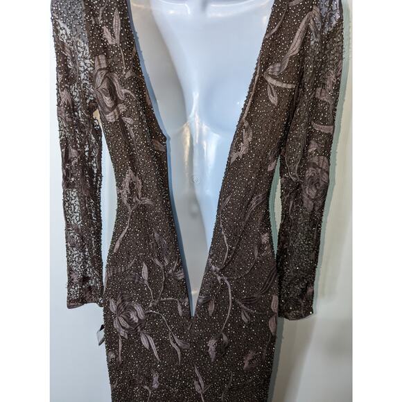 Aidan Mattox Beaded Embroidered Formal Gown Espresso Brown Long Sleeve New 4 - Picture 7 of 14